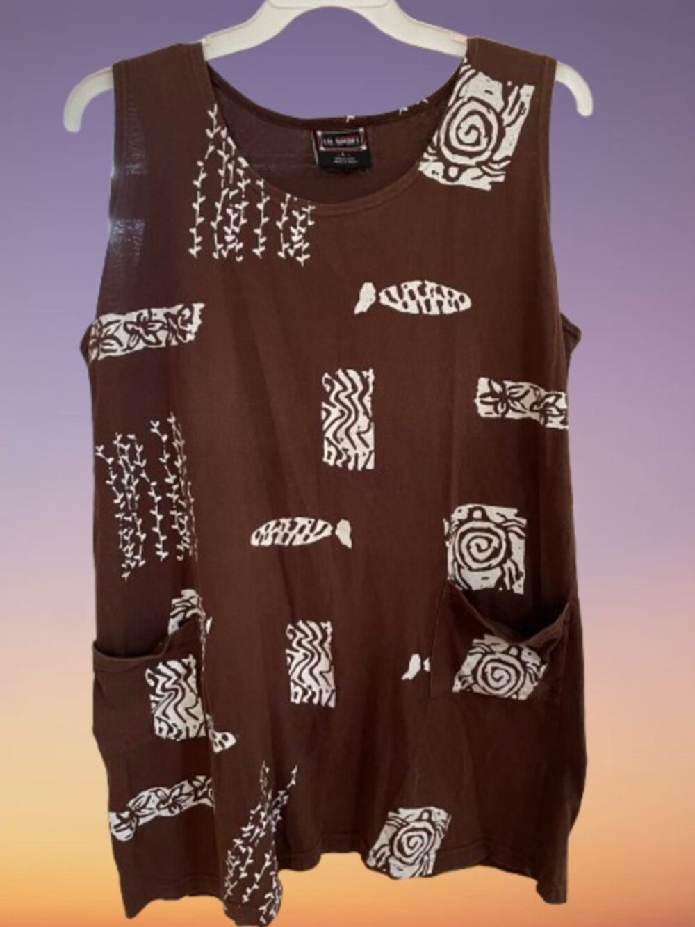 LG Sport Womens Sz L Brown Ocean Motif Shift Dress 100% Cotton Sleeveless